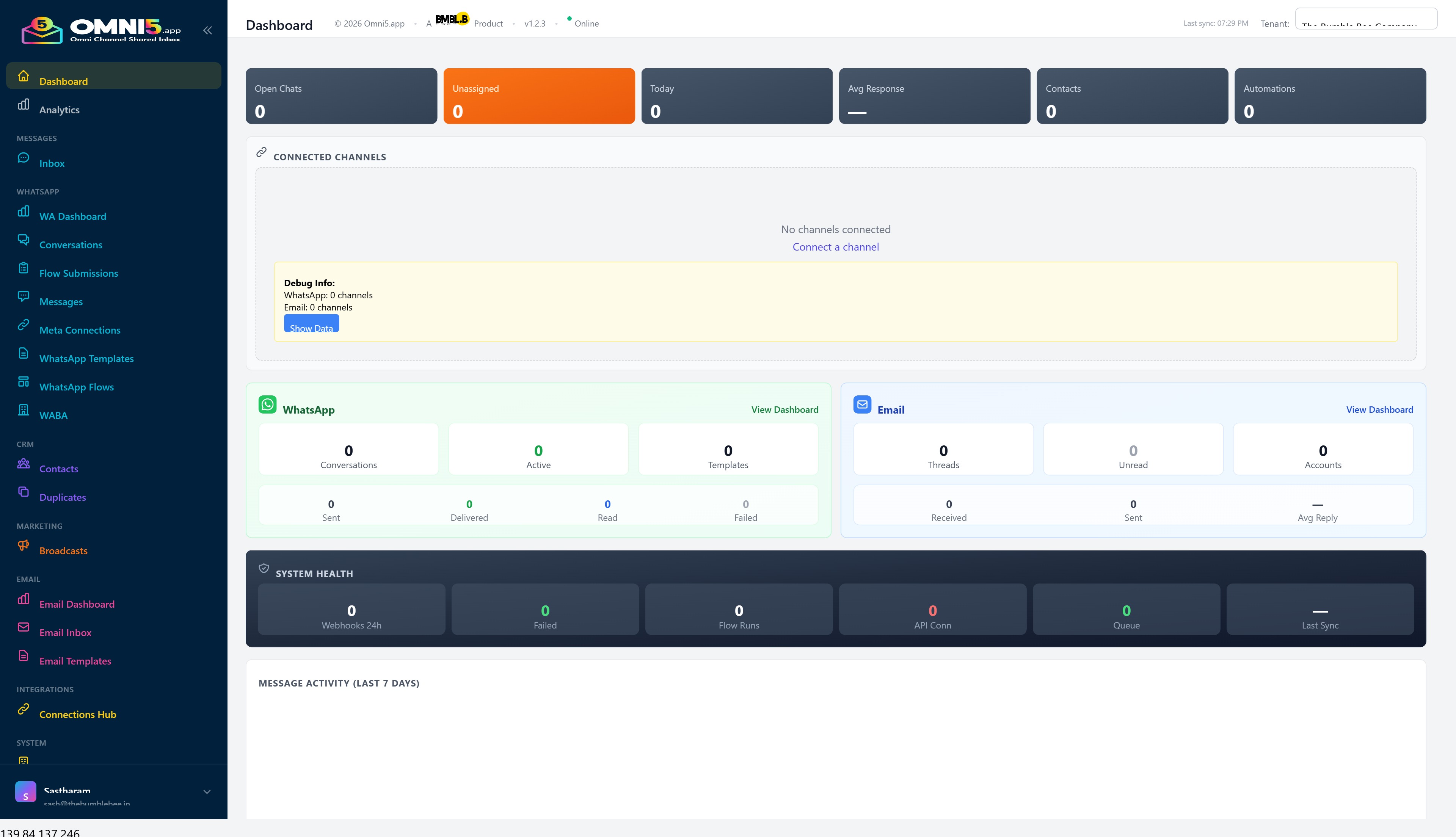 Omni5 Analytics Dashboard - WhatsApp + Email Performance